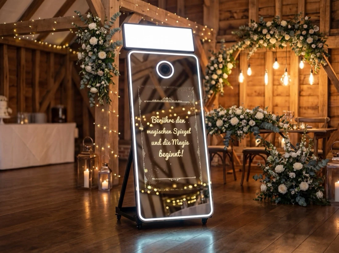 Die Magic Mirror Fotobox in rustikaler Scheunen-Location mit Blumenbogen und Lichterkette