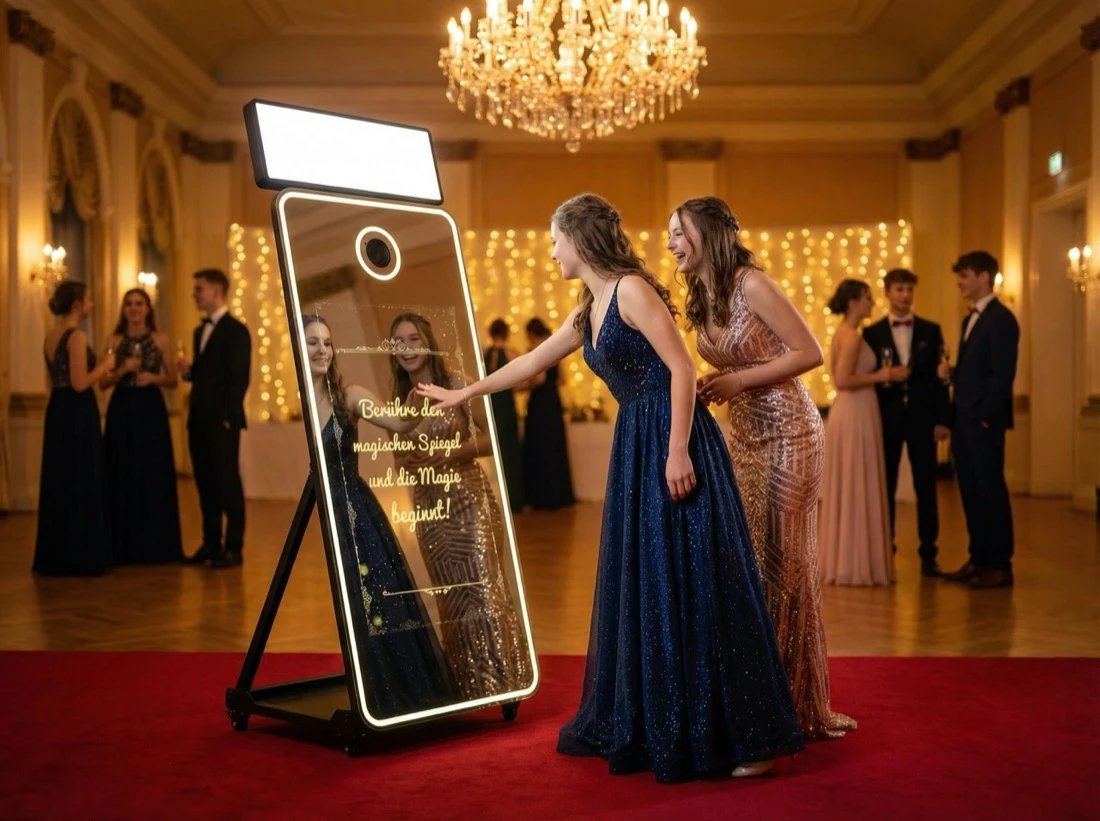 Zwei Gästinnen in Abendkleidern berühren lachend den leuchtenden Magic Mirror im Ballsaal
