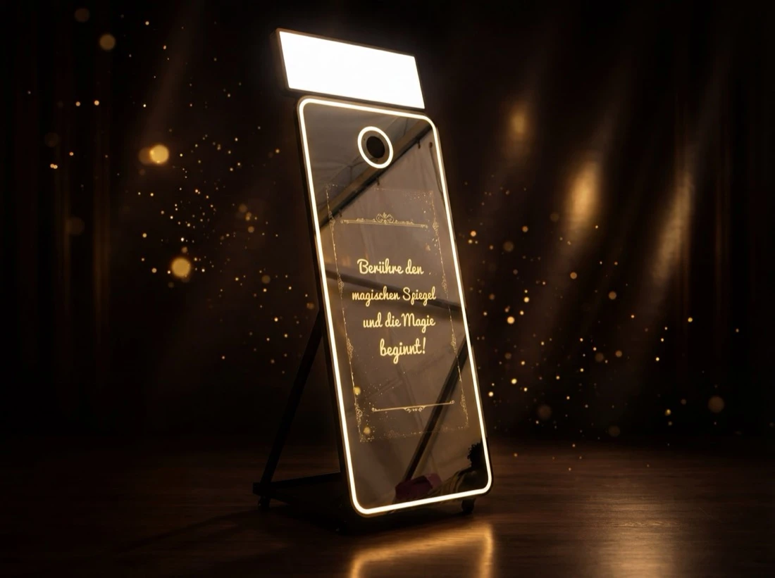 Die Magic Mirror Fotobox vor dunklem Vorhang mit funkelndem Lichterglanz