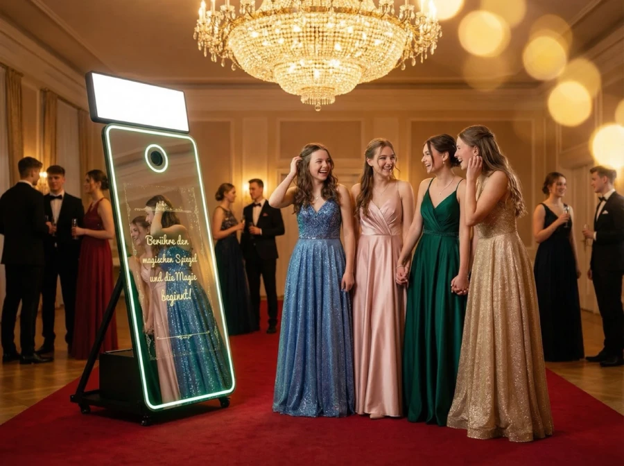 Junge Frauen in Abendkleidern neben der leuchtenden Magic Mirror Fotobox in einem Ballsaal mit Kronleuchter